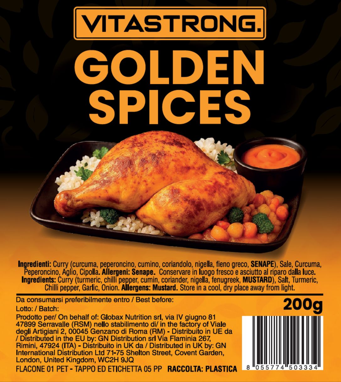 Label met "Vitastrong Golden Spices" en afbeelding van kippenbout, rijst en saus. 200g. Ingrediëntenlijst en fabrikant informatie.