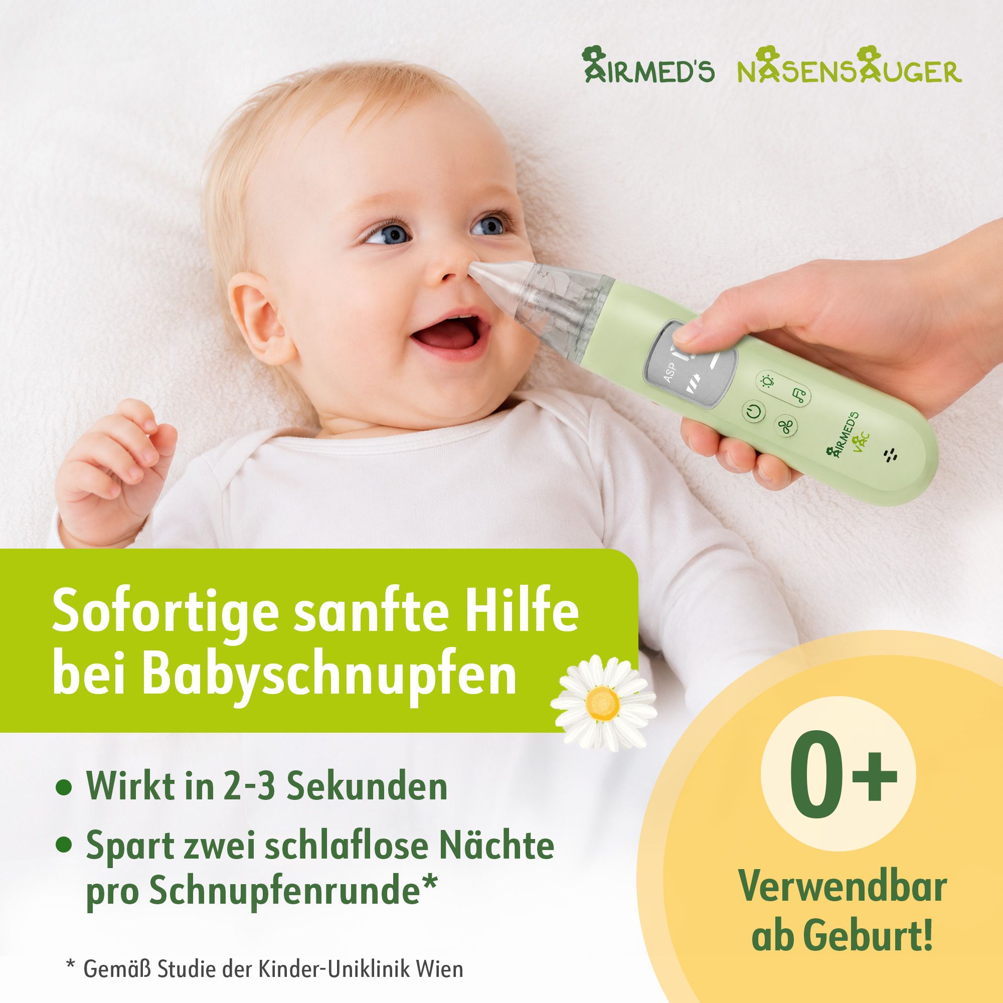 Bébé avec aspirateur nasal, promettant une aide douce contre le rhume des bébés. Utilisable dès la naissance.