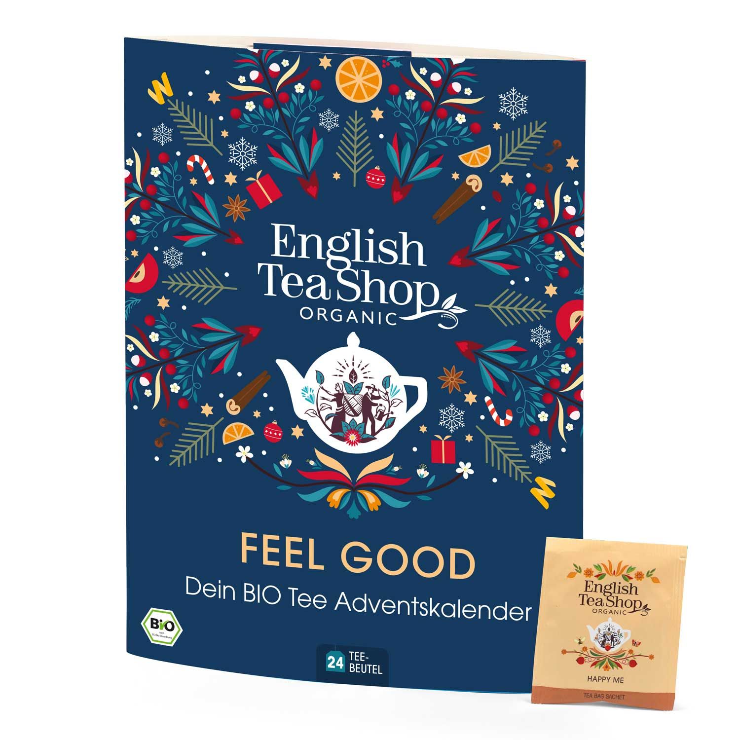 Blauwe adventskalender met opschrift: English Tea Shop Organic, Feel Good. 24 theezakjes. Biokeurmerk.