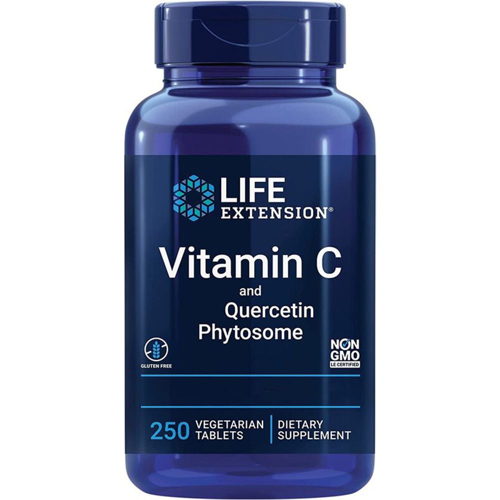 Flacon bleu de vitamine C et quercétine phytosome. Contient 250 comprimés. Sans gluten, végétarien, sans OGM. Complément alimentaire.