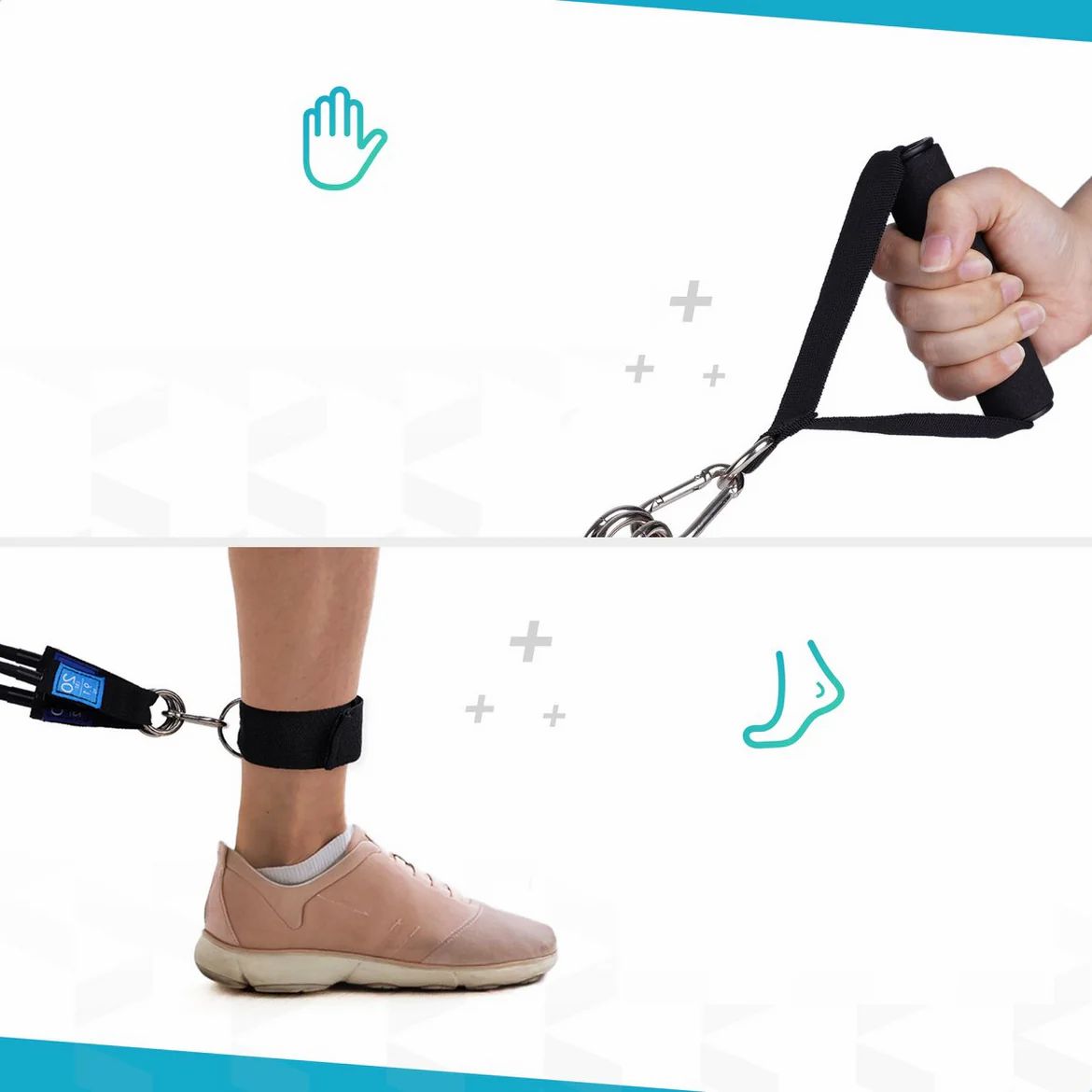 Gros plan sur la main et le pied avec accessoires pour bandes de résistance. Manchette noire, poignée et mousqueton.