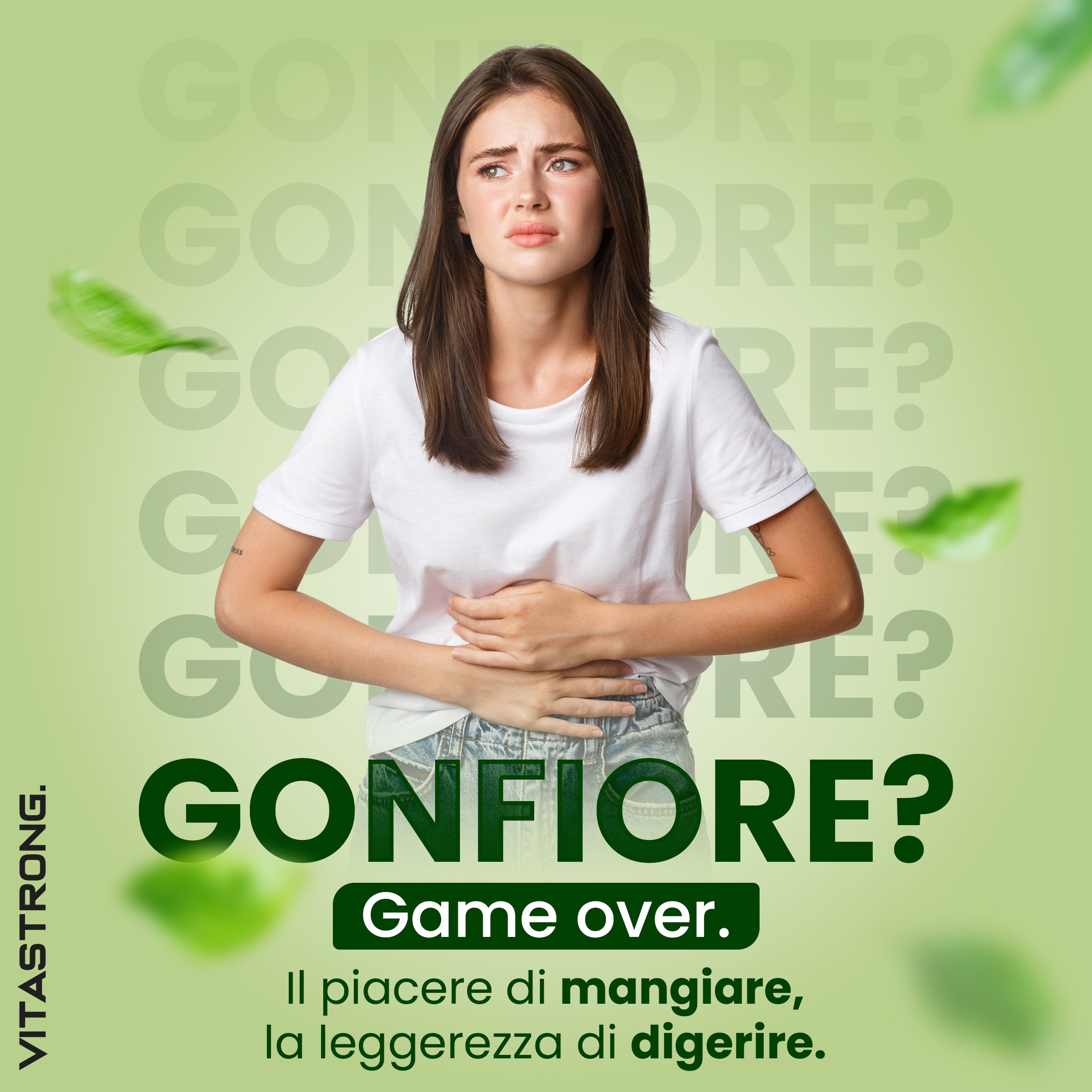 Vitastrong Enzimi Digestivi. Vrouw met buikpijn. Helpt bij een opgeblazen gevoel. Game over.