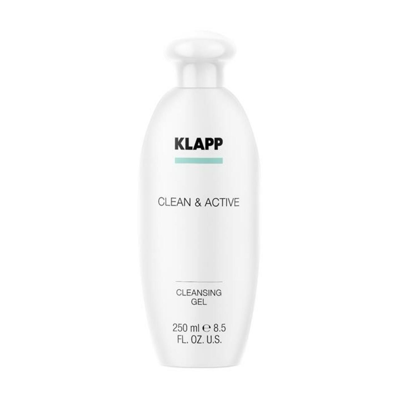 Witte fles met Klapp-logo, tekst Clean & Active en Cleansing Gel. Inhoud: 250 ml.