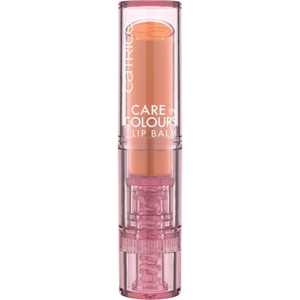 Baume à lèvres dans un étui transparent. Nom du produit : Care in Colours Lip Balm. Couleur visible : orange.