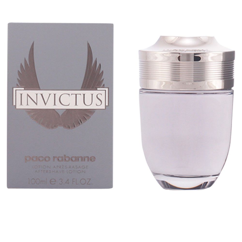 Boîte grise et flacon. Flacon avec bouchon argenté et liquide bleu clair. Logo "Invictus" sur la boîte.