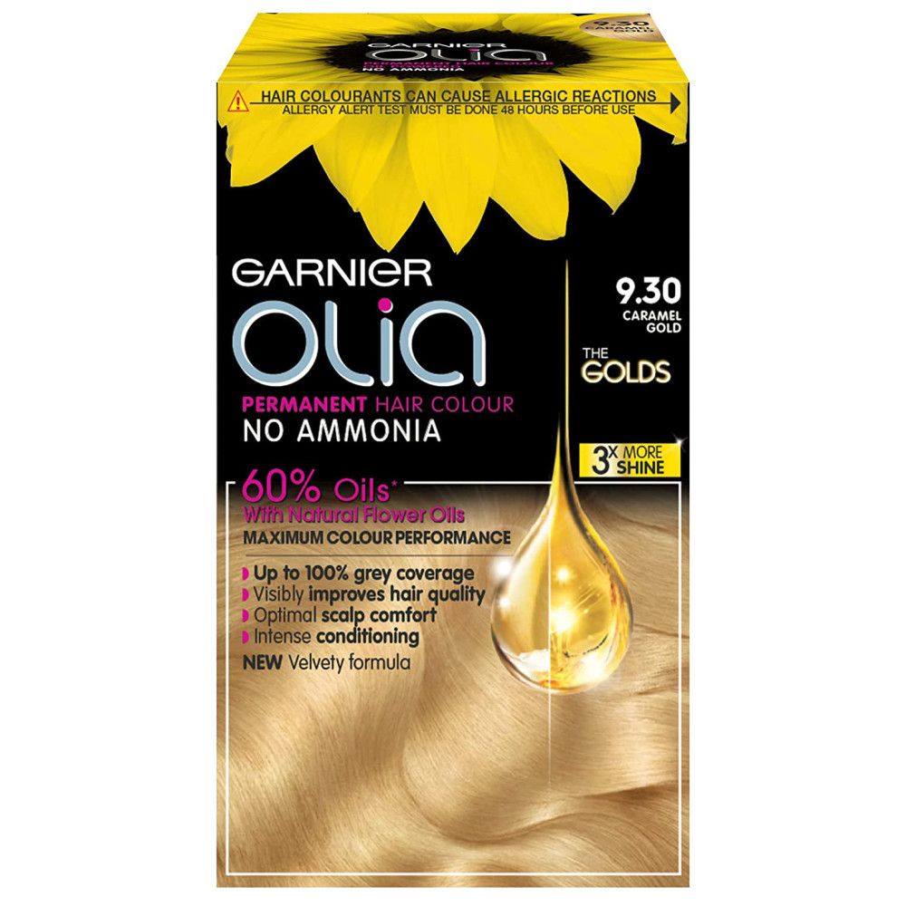 Haarkleurverpakking met zonnebloem. Tekst: Garnier Olia permanente haarkleur, zonder ammoniak, 60% oliën.