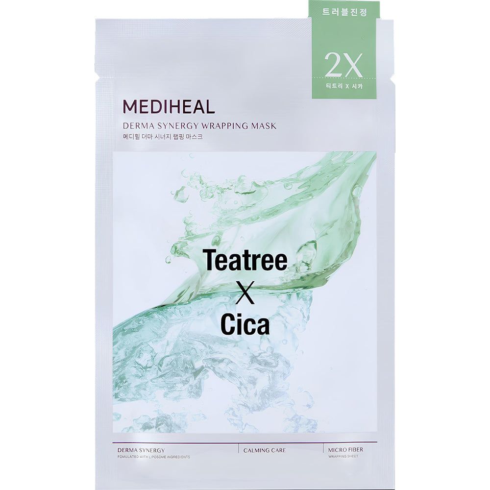 Emballage de masque facial. Inscription : MEDIHEAL, Teatree X Cica. 2X. Design vert.
