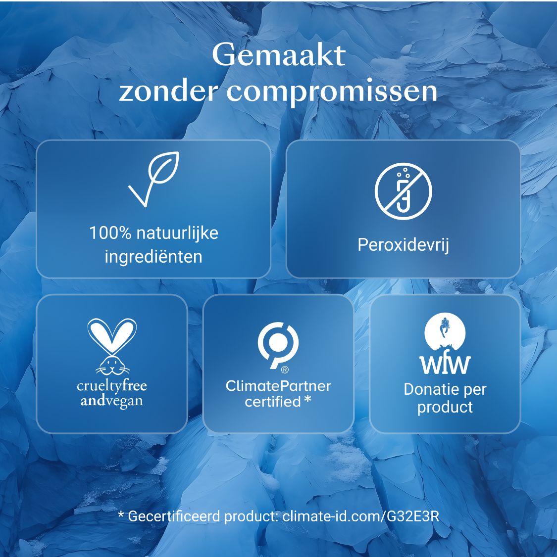 Blauwe tegels met symbolen en tekst. Bevat: 100% natuurlijke ingrediënten, peroxidevrij, dierproefvrij en vegan, ClimatePartner gecertificeerd, donatie per product.