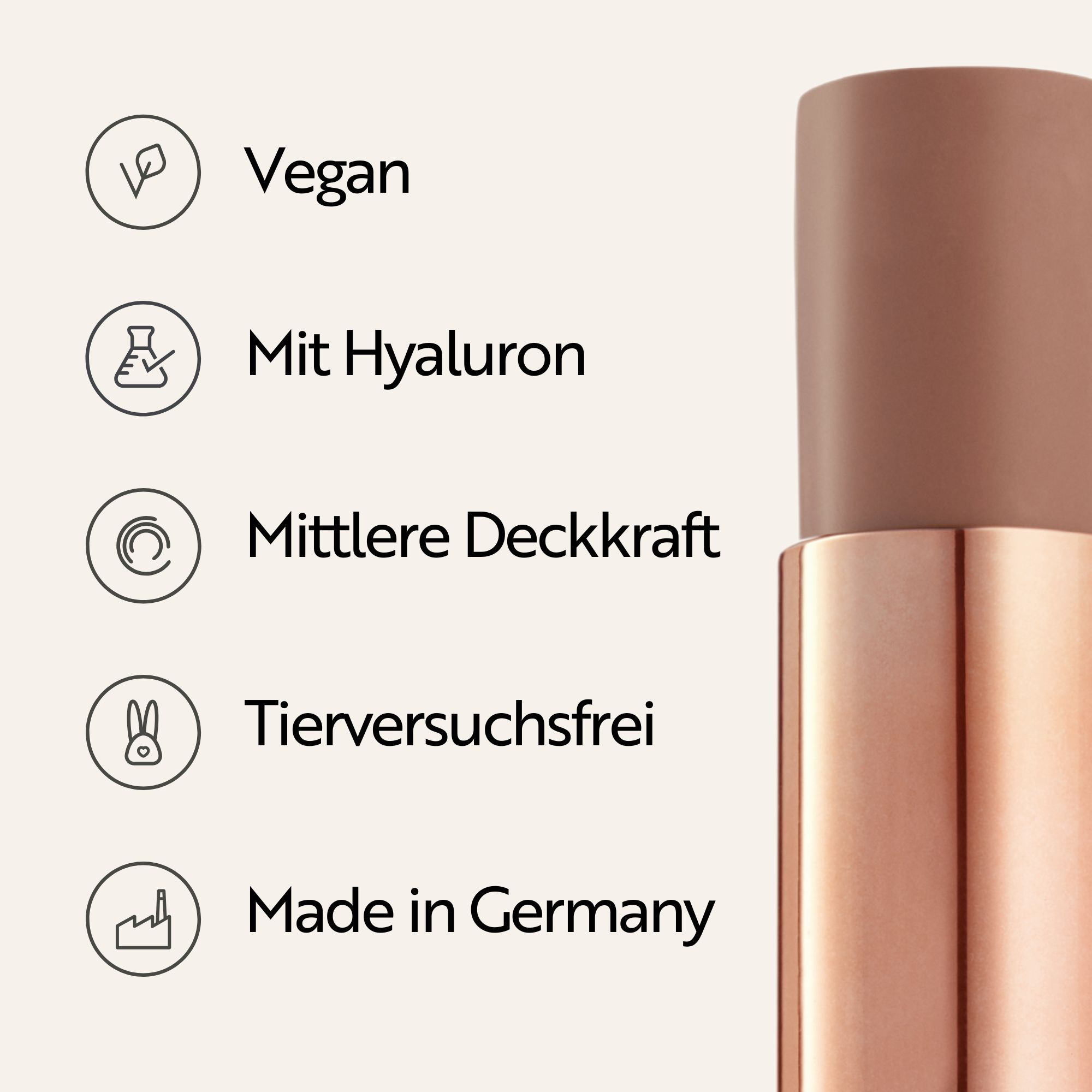 Gros plan du stick de contour avec symboles : Vegan, Hyaluron, couvrance moyenne, sans cruauté, Fabriqué en Allemagne.
