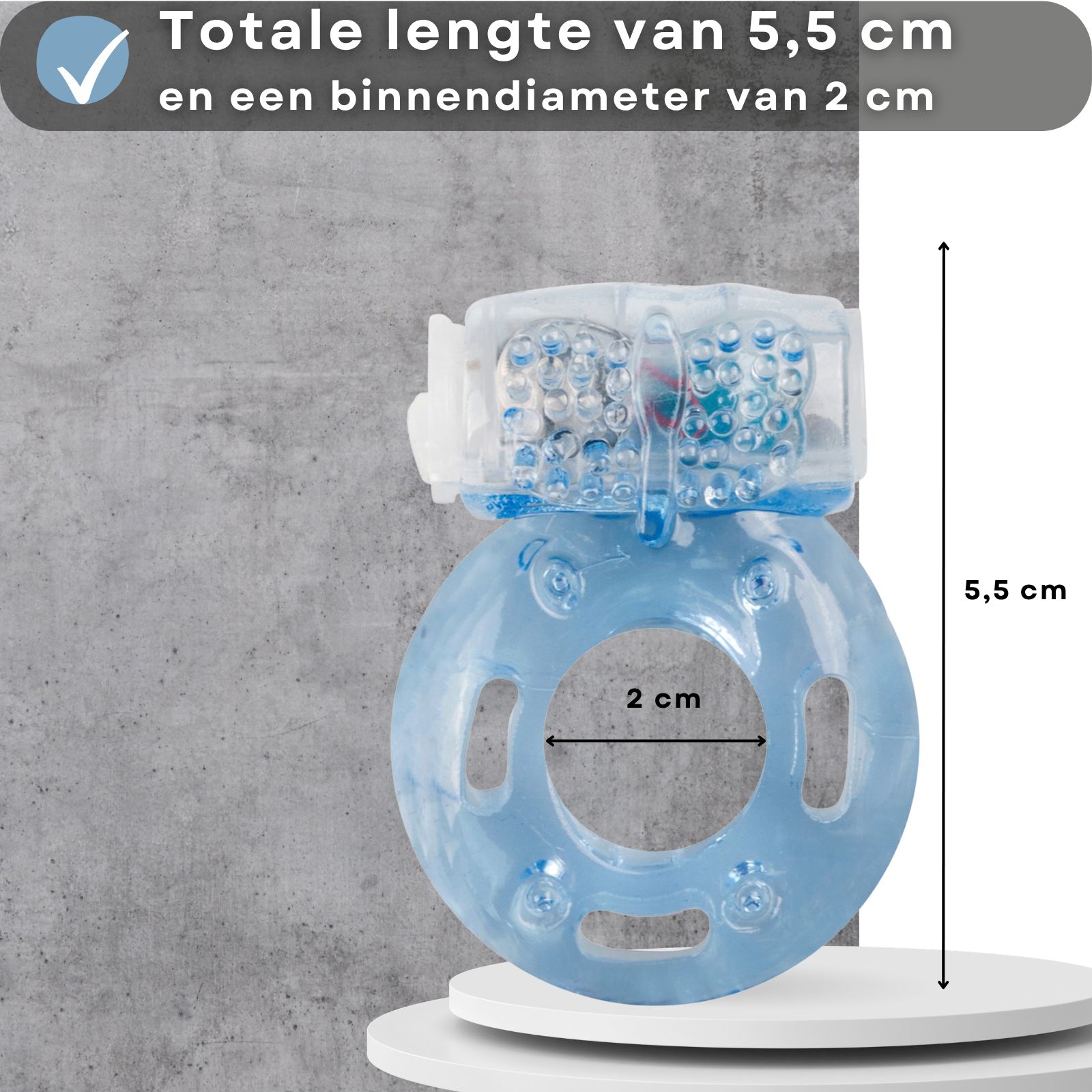 Penisring met vibrerende opzet. Afmetingen: 5,5 cm lang, Ø 2 cm.