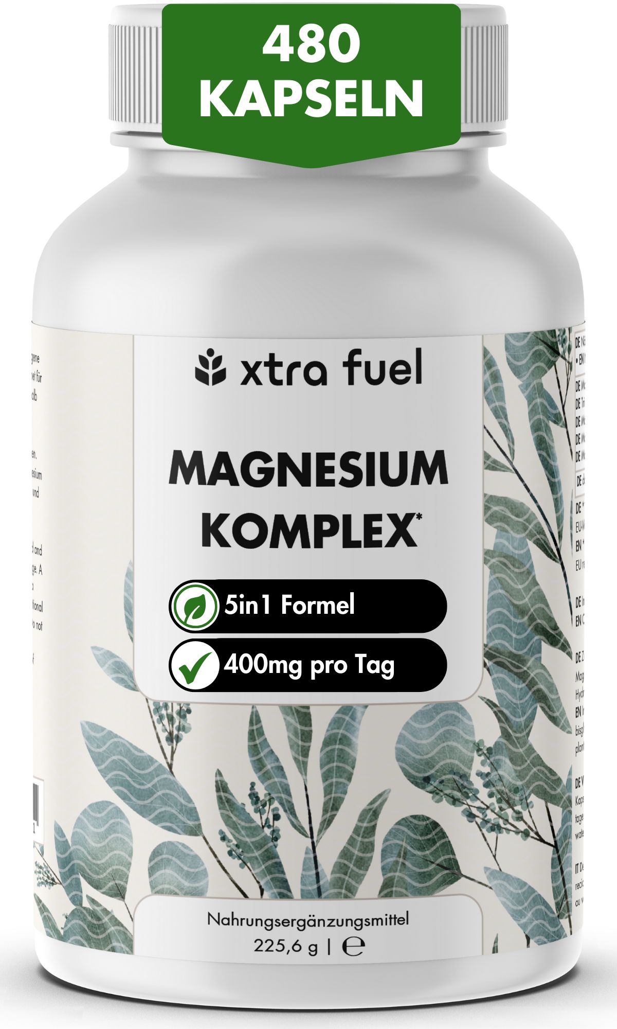 Fles met 480 capsules XTRA FUEL Magnesium Komplex.