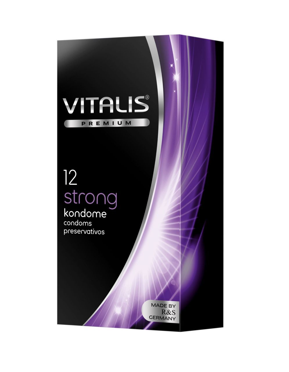 Zwarte doos Vitalis Premium. Opschrift "12 strong kondome preservativos". Gemaakt in Duitsland.