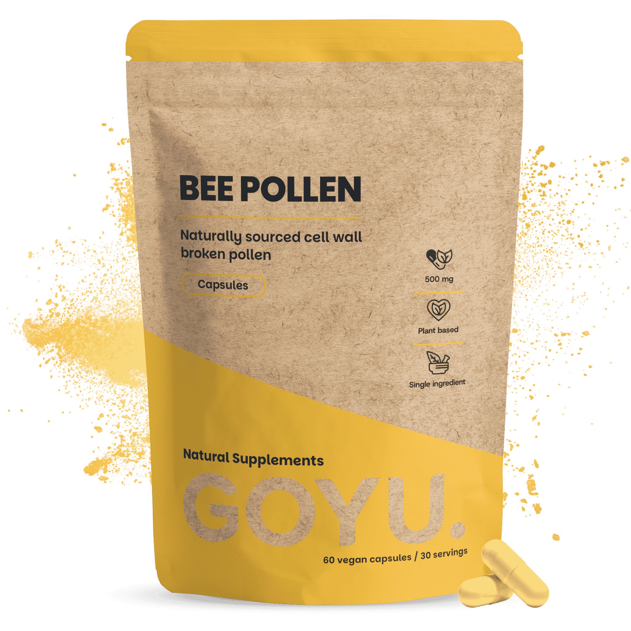 Verpakking met GOYU. bijenpollen capsules, 60 vegan capsules.