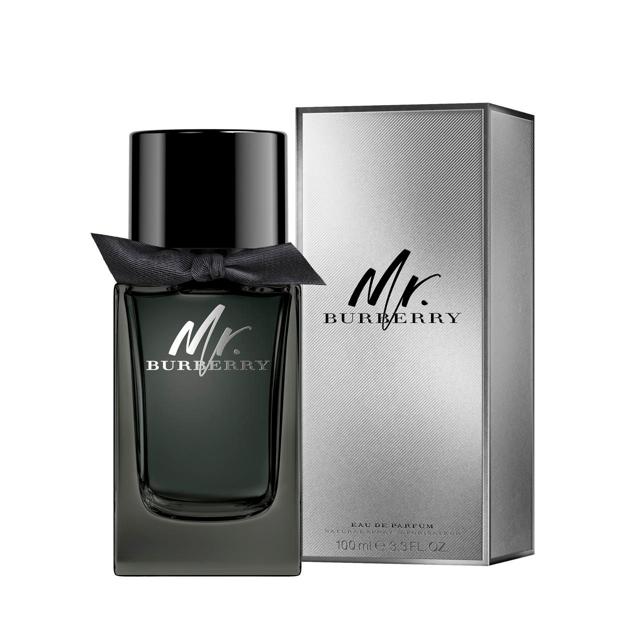 Flacon Mr. Burberry Eau de Parfum et son coffret argenté.