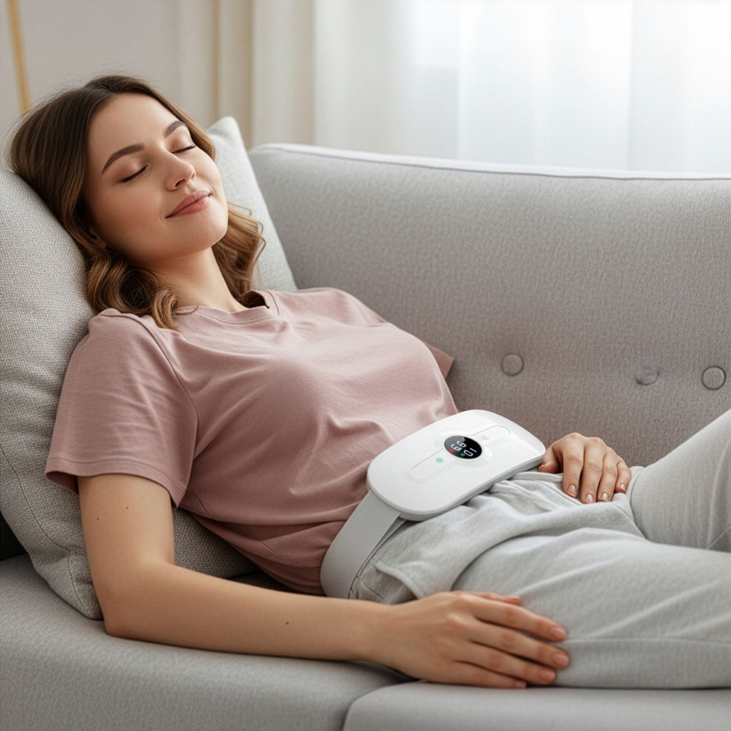 Witte verwarmingsriem met display, gedragen door een vrouw. De riem wordt om de buik gedragen.