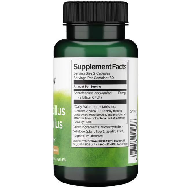 Dos d'un flacon vert avec bouchon noir. Inscription: SWANSON, informations nutritionnelles, Lactobacillus acidophilus.