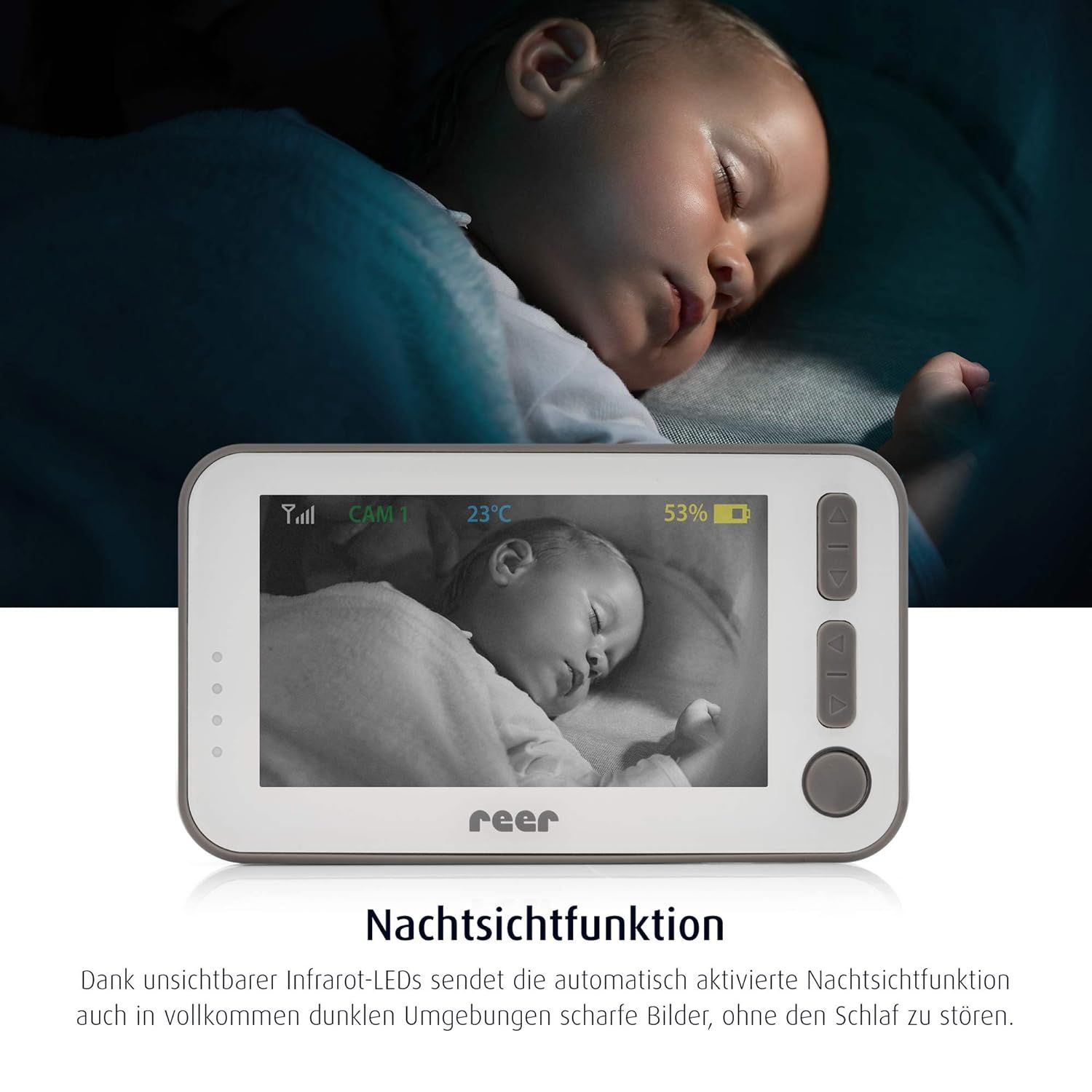 Écran de babyphone avec fonction vision nocturne. Montre un bébé endormi. Texte: Fonction vision nocturne.