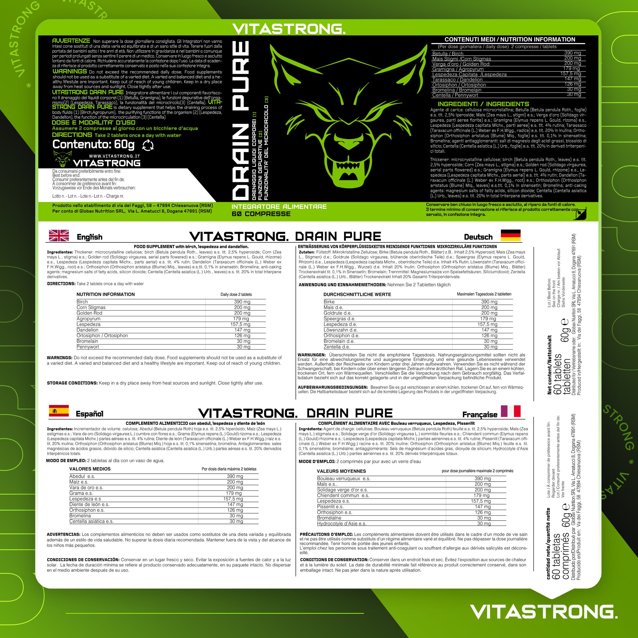 Etiket met productinformatie. Meertalig. Opschrift: Drain Pure, 60 tabletten. Logo: wolfskop. Ingrediënten.