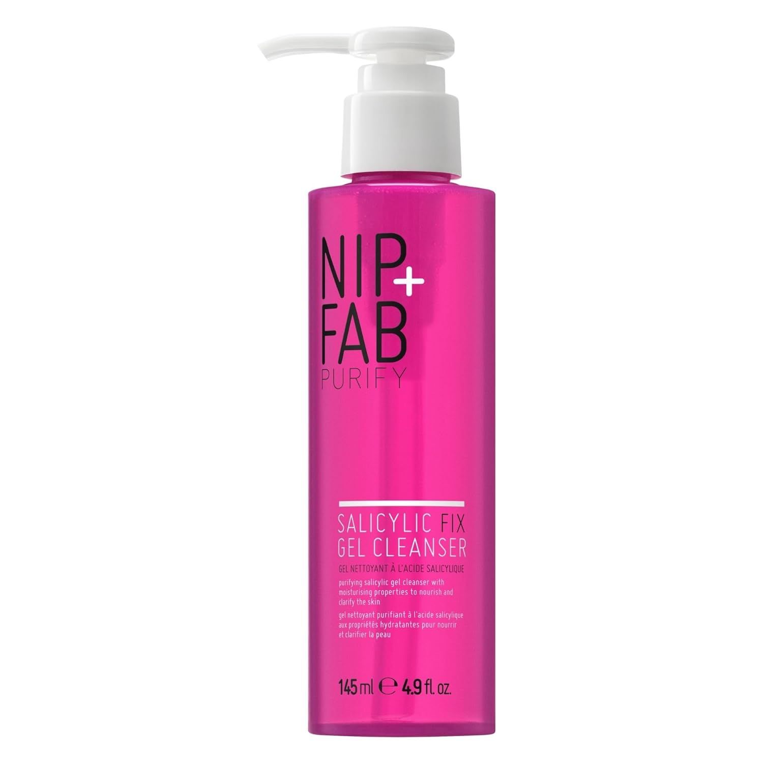 Flacon rose avec pompe blanche. Inscription : NIP+FAB, Salicylic Fix Gel Cleanser.