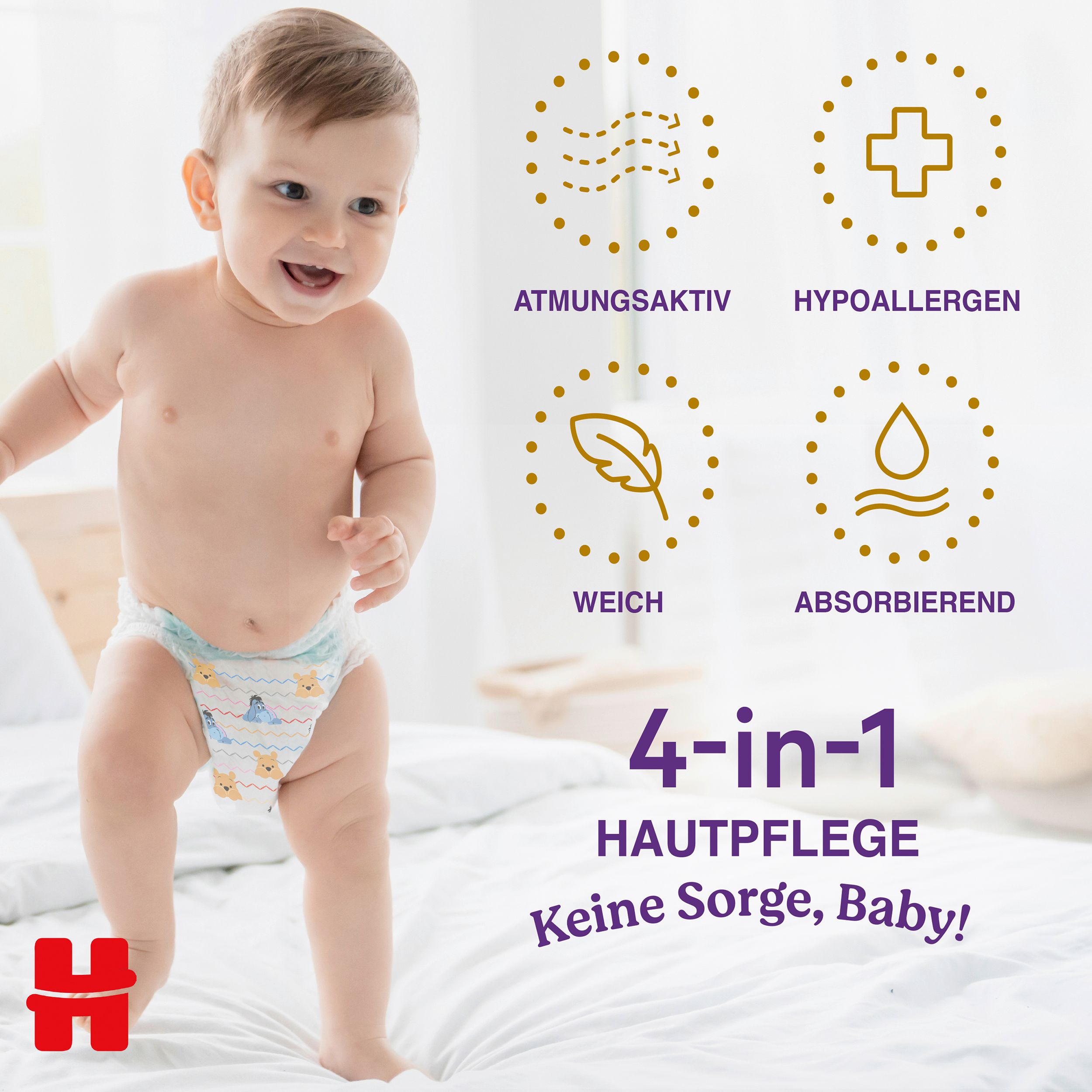 Baby in Huggies Pants, maat 4. Iconen voor ademend vermogen, hypoallergeen, zachtheid en absorptie.
