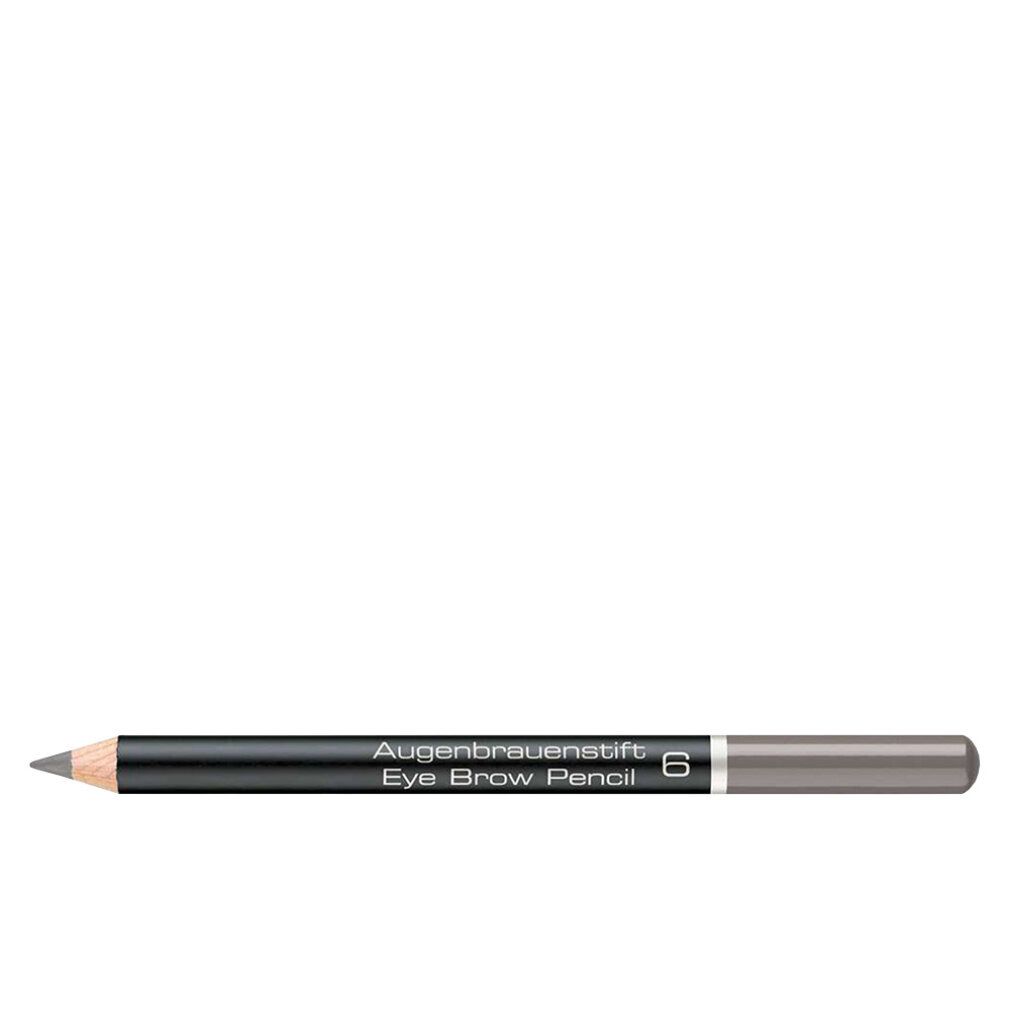 Crayon à sourcils gris avec inscription argentée et numéro 6.