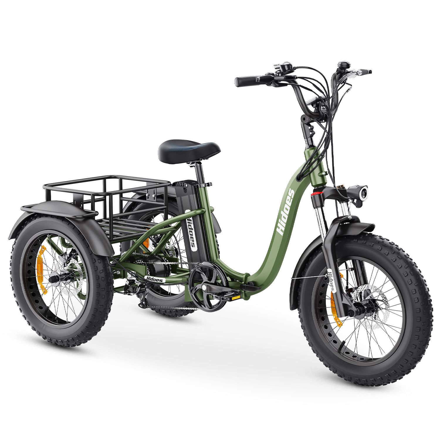 Tricycle électrique vert avec panier noir, pneus et siège. Marque : Hidoes. Batterie amovible.