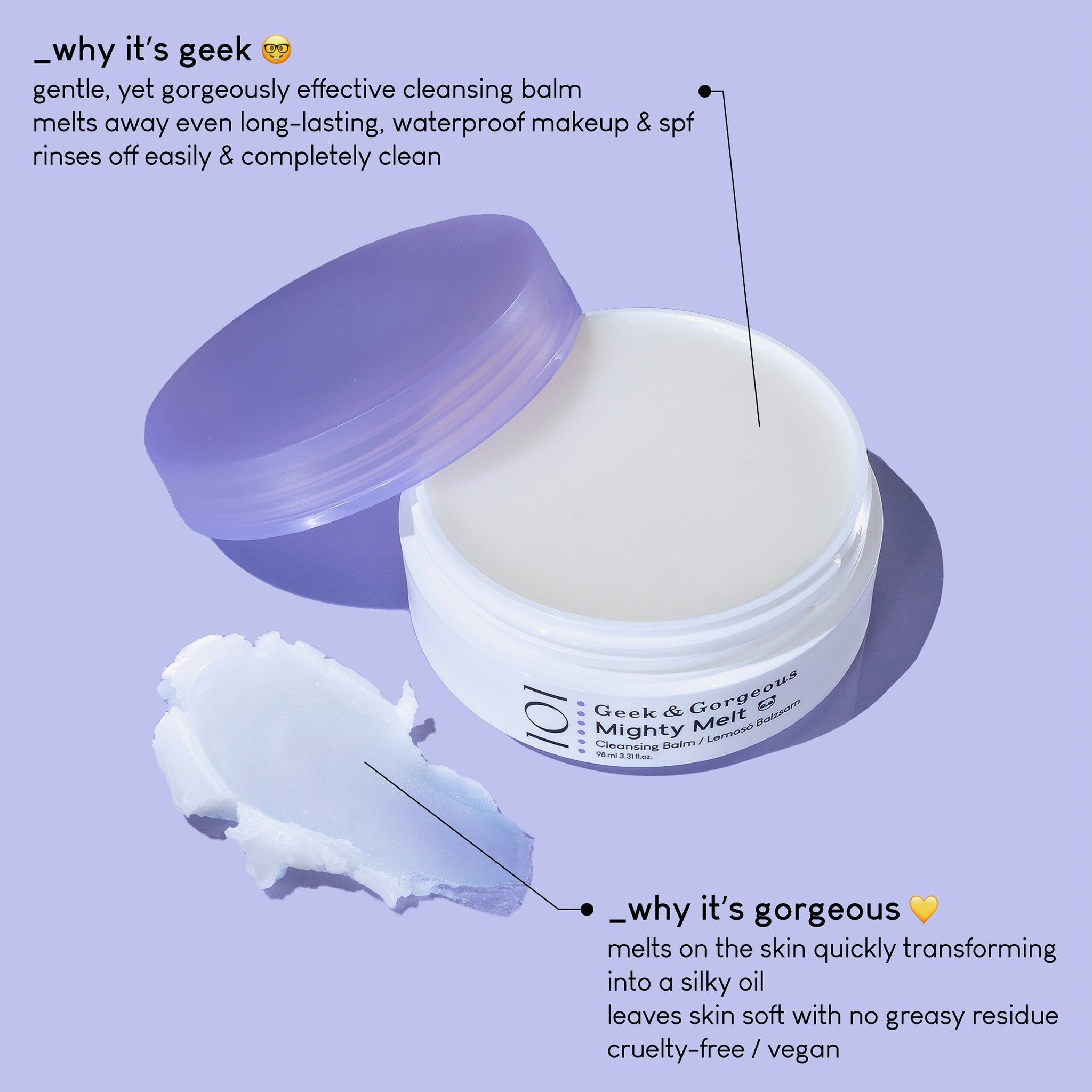 Een pot "Mighty Melt" met open deksel. Daarnaast een klodder van het product. Tekst: "Mighty Melt", "101", "Cleansing Balm". 