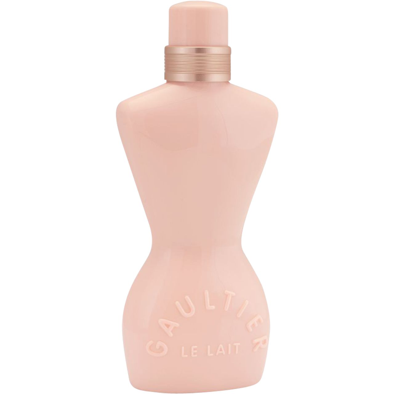 Flacon rose en forme de corps de femme. Inscription : Gaultier, Le Lait. Bouchon rose. Col doré.