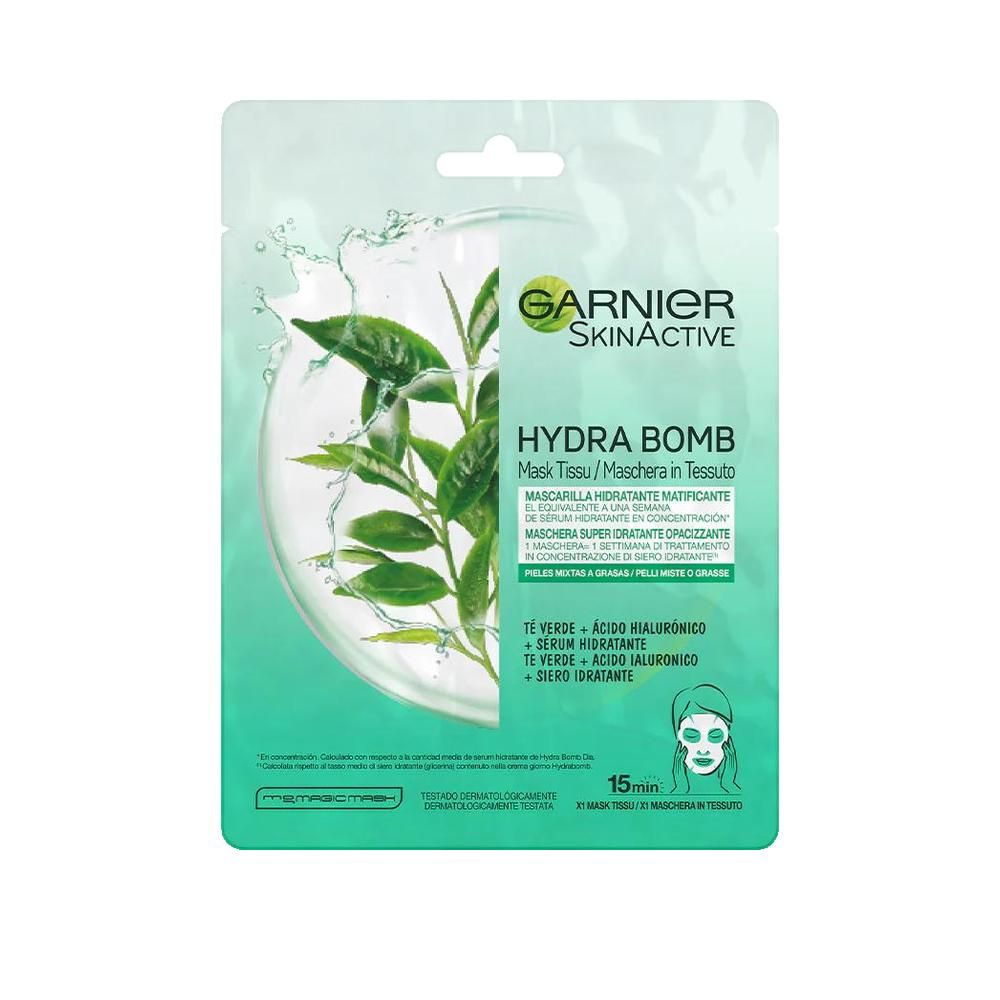 Garnier SkinActive Hydra Bomb gezichtsmasker. Rechthoekige verpakking, groen en wit. Logo en productnaam zichtbaar. Instructies en ingrediënten.