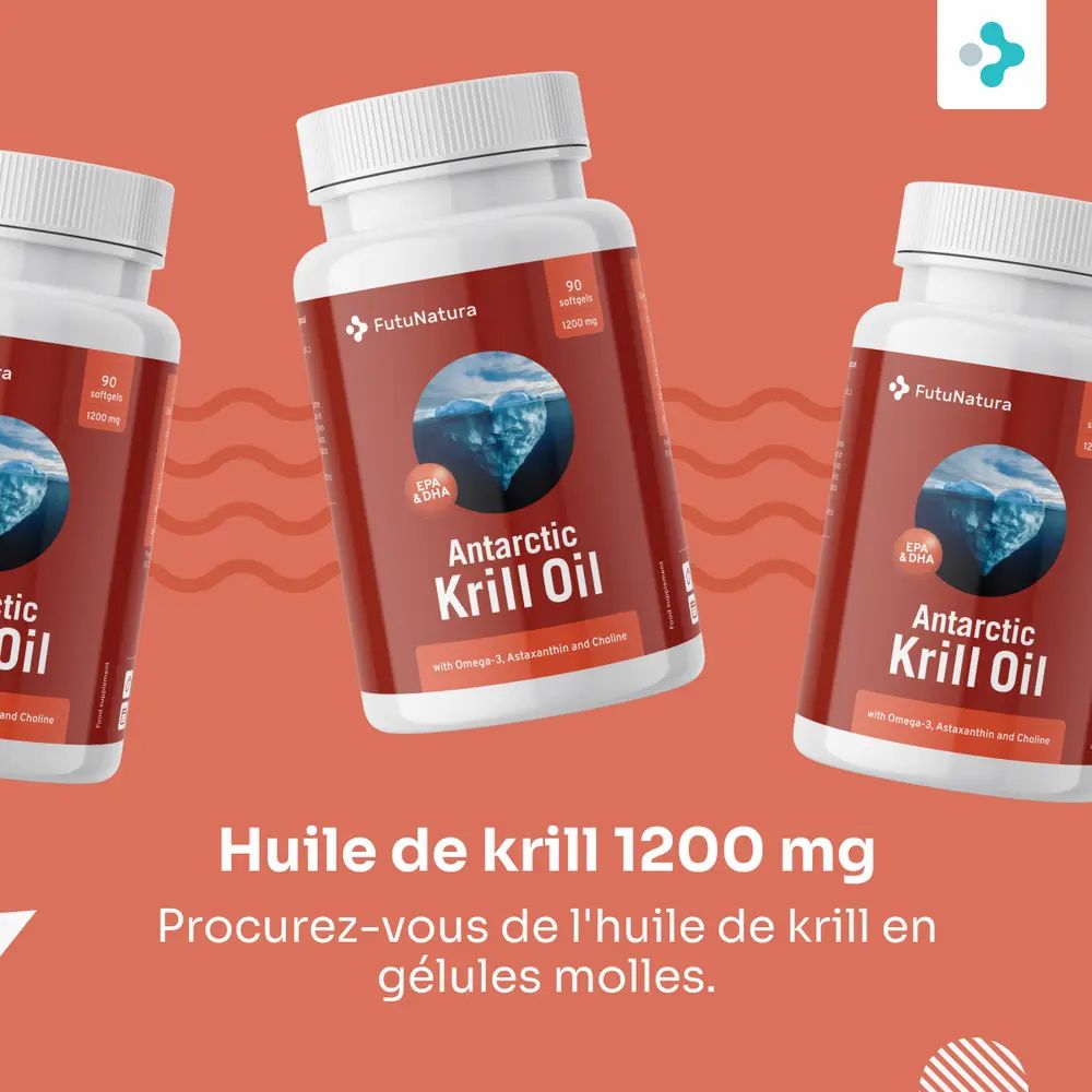 Trois emballages d'huile de krill. Inscription: Huile de krill 1200 mg. Capsules.