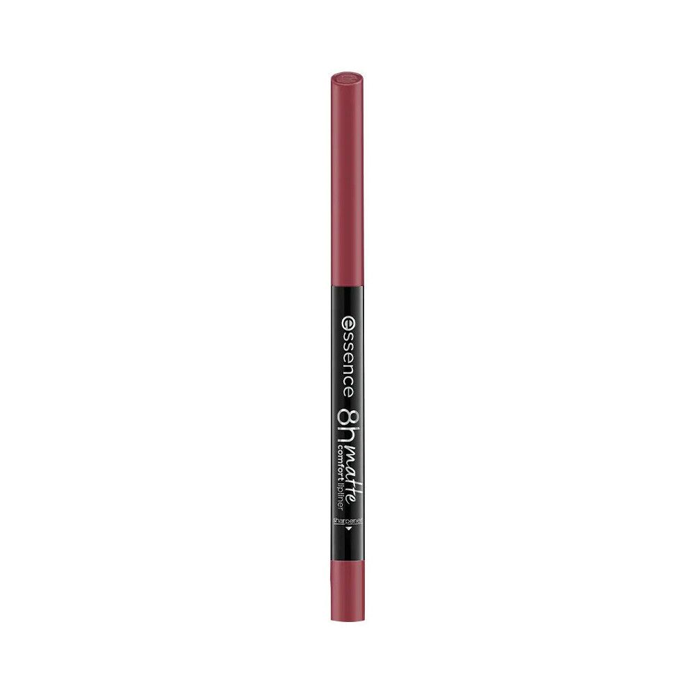 Lippenpotlood met roze punt en uiteinde. Zwarte behuizing met opschrift: Essence, 8h matte comfort lipliner.