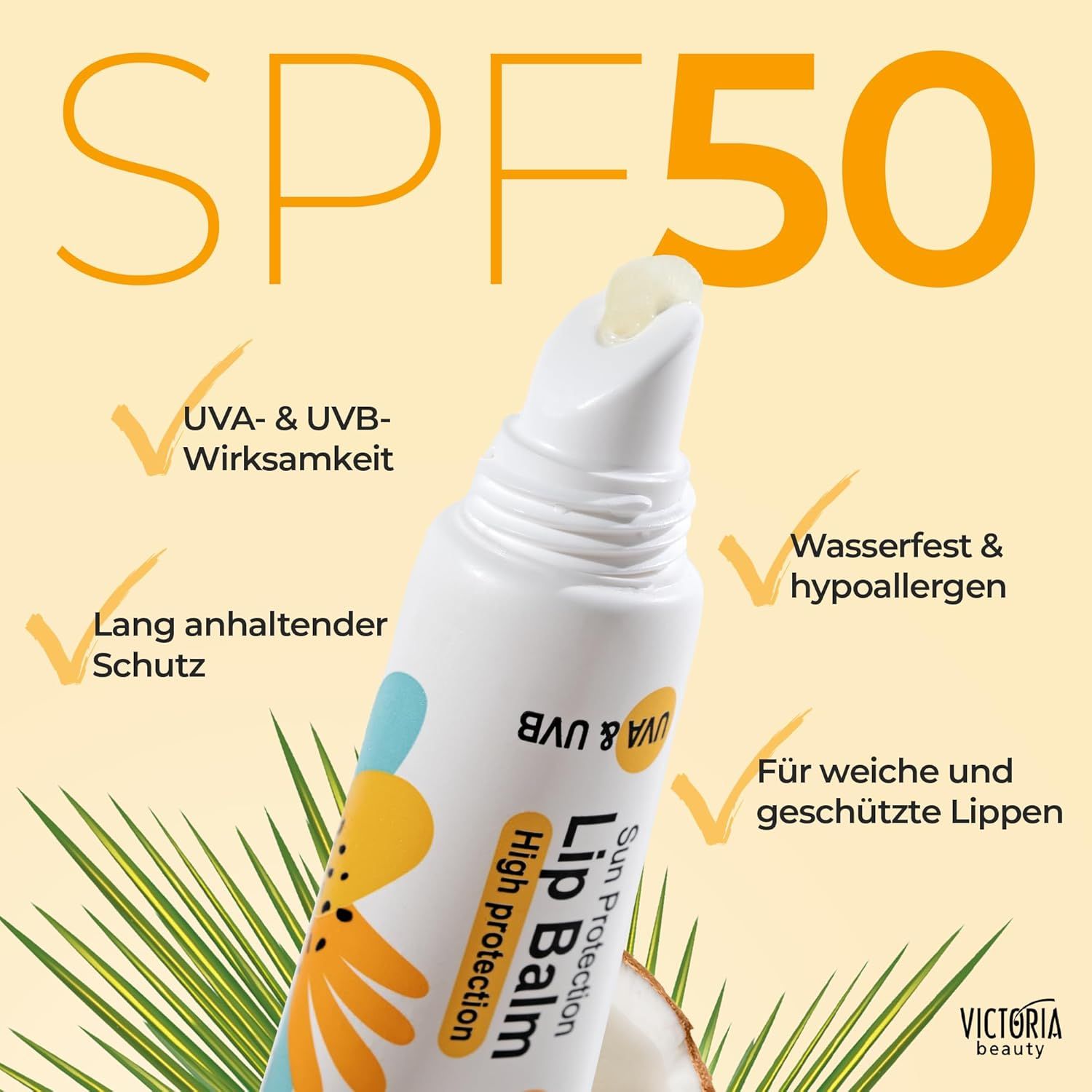 Baume à lèvres Victoria Beauty Sun Kiss. Tube avec produit. Texte: SPF 50, UVA & UVB, résistant à l'eau, hypoallergénique, pour lèvres douces.