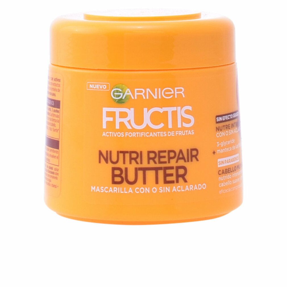 Pot orange avec couvercle. Inscription: Garnier Fructis Nutri Repair Butter. Texte en espagnol.