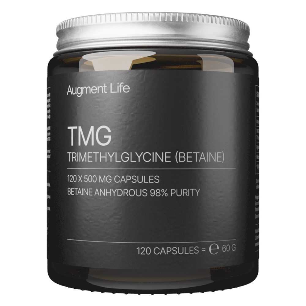 Contenant gris foncé avec couvercle argenté. Contient 120 gélules de TMG (Triméthylglycine) de 500 mg, bétaïne anhydre 98% pureté.