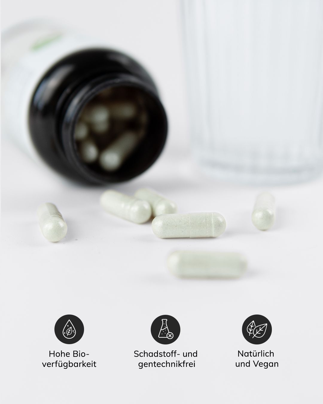 Un récipient noir avec des gélules blanches, certaines à côté. Icônes pour la biodisponibilité, sans polluants et végétalien.