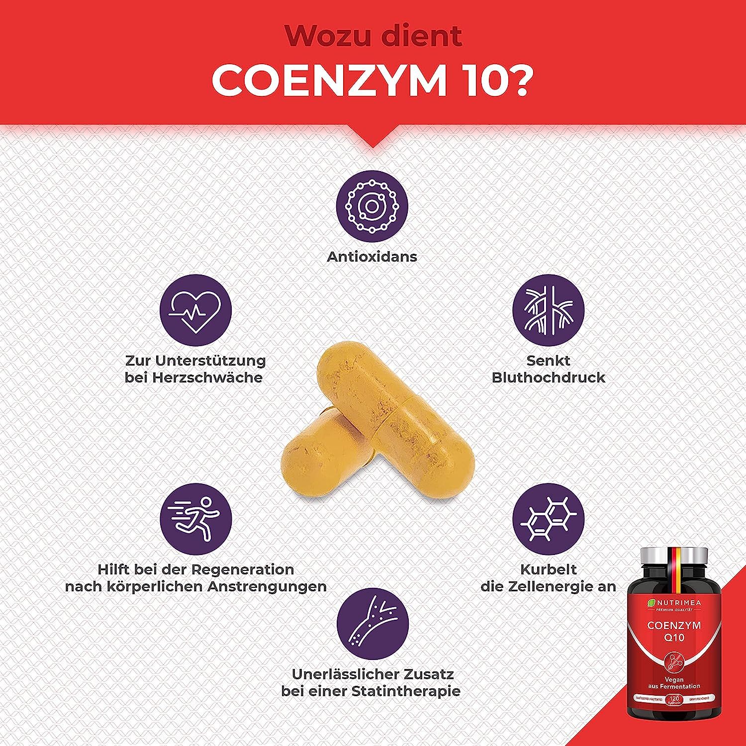 Grafiek met gele capsules en iconen. Toont de voordelen van co-enzym Q10. Bevat een fles met het product.