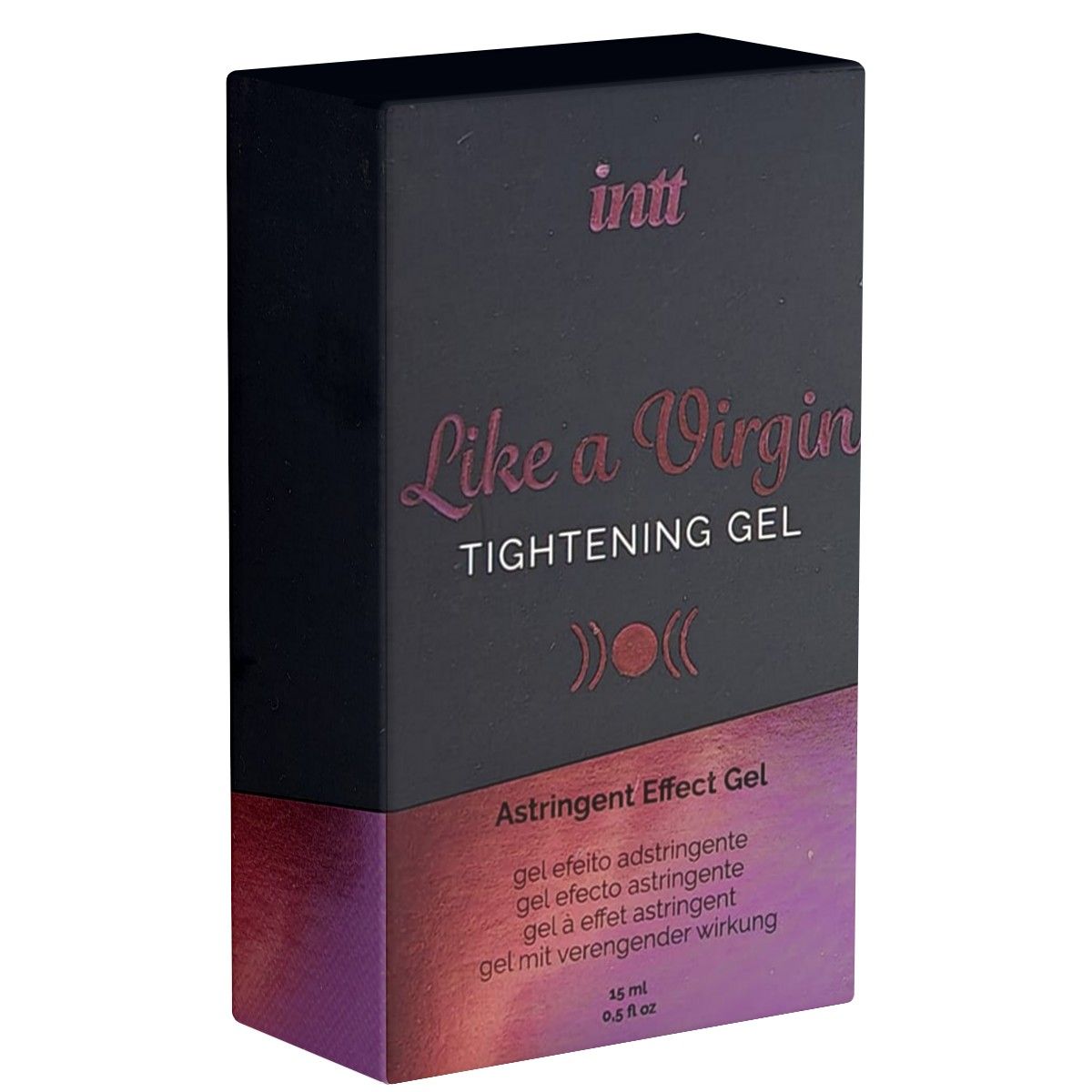 Zwarte productverpakking met "intt" logo en "Like a Virgin Tightening Gel". Roze accenten. Tekst: Astringent Effect Gel.