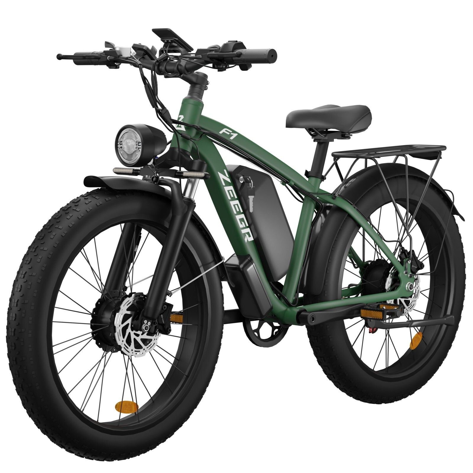 Vélo électrique vert avec pneus larges, phare avant, porte-bagages et batterie. Marque : ZEEGR.