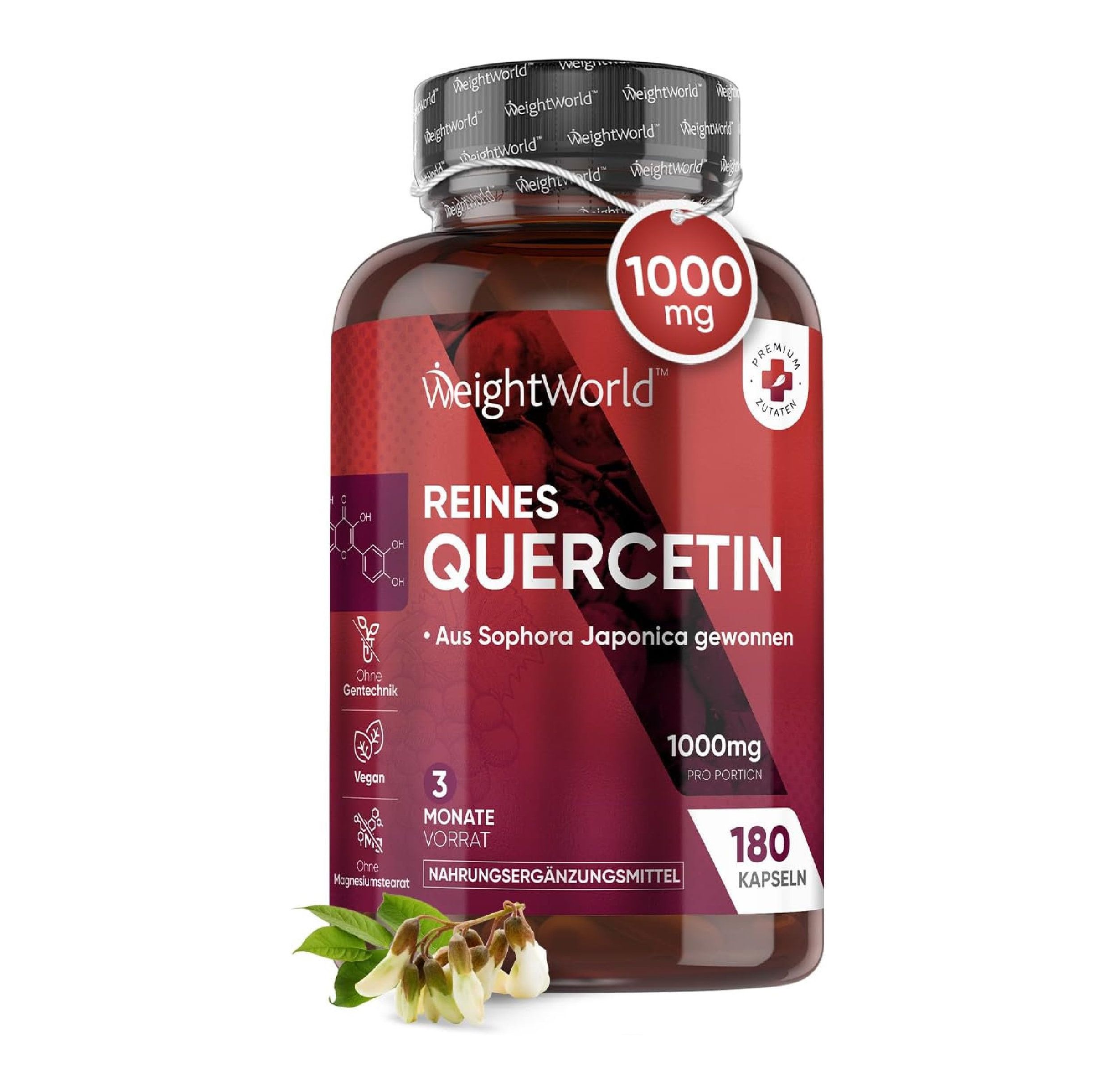Flacon marron de gélules. Inscription : Reines Quercetin, 1000mg, 180 gélules. Avec fleurs et feuilles.