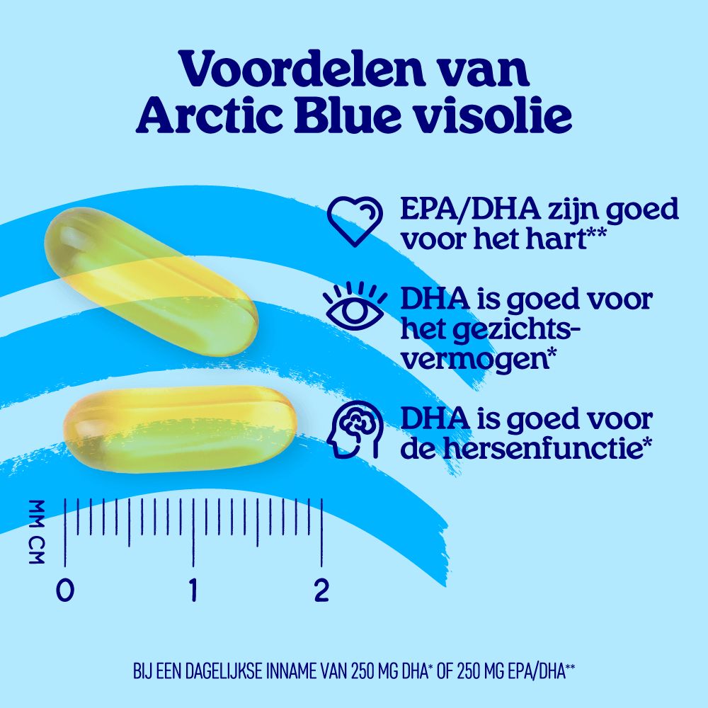 Arctic Blue Omega 3 visolie verpakking met MSC-keurmerk en berglandschap.