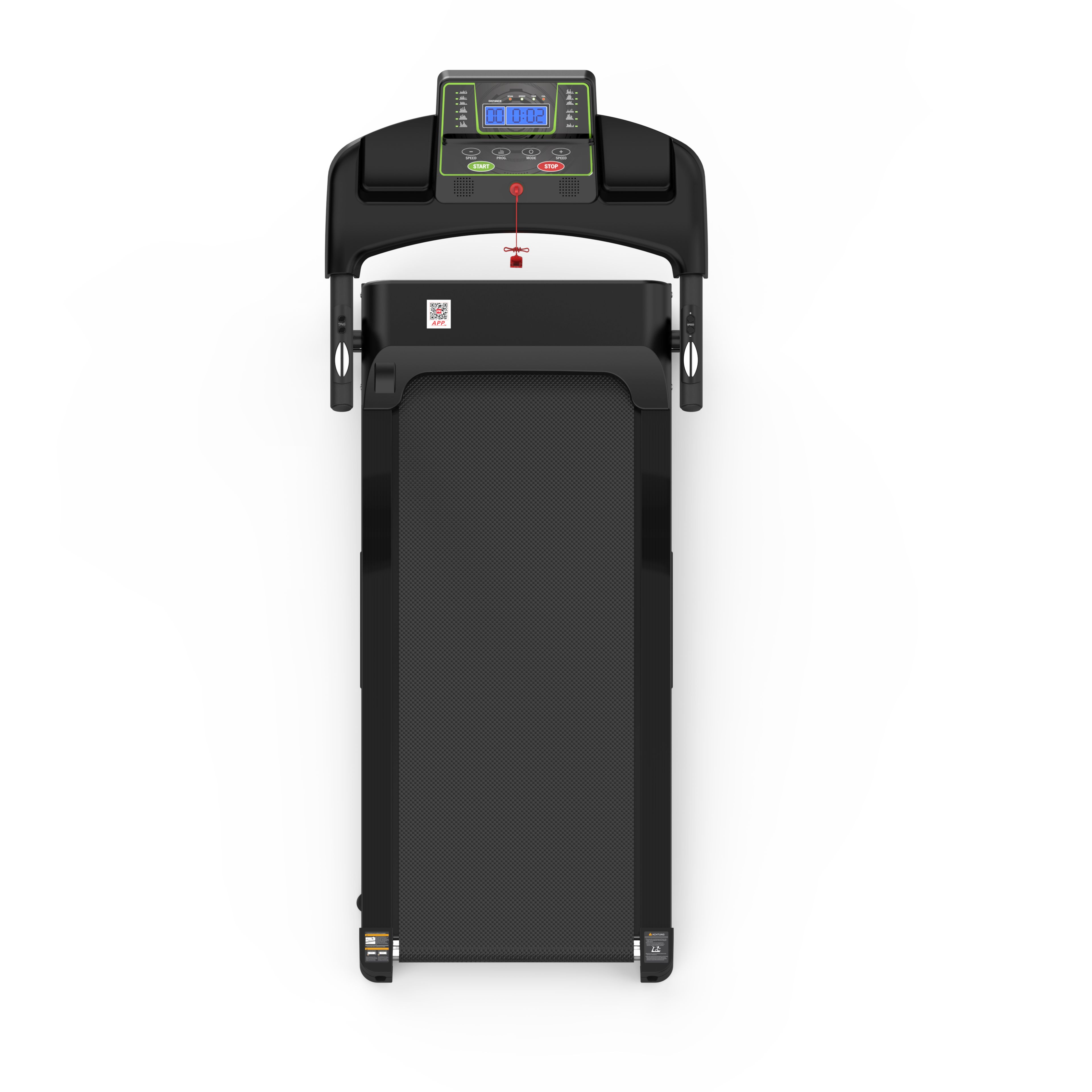 Vue de dessus d'un tapis roulant plié. Console avec écran. Clip de sécurité rouge.