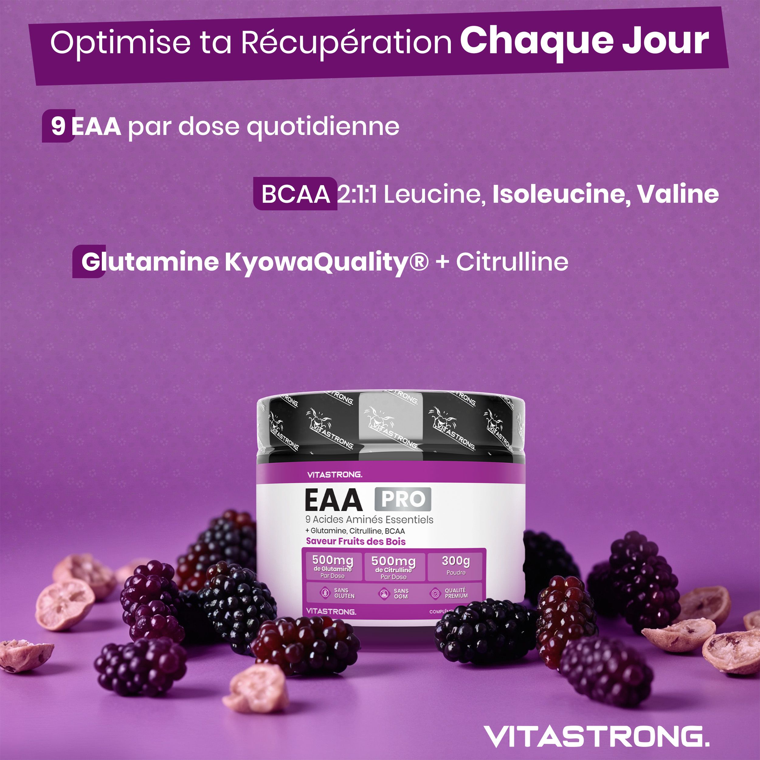 Vitastrong EAA Pro, pot. 300g poeder. 9 essentiële aminozuren. Bessensmaak. Glutenvrij, geen GMO. Met BCAA.