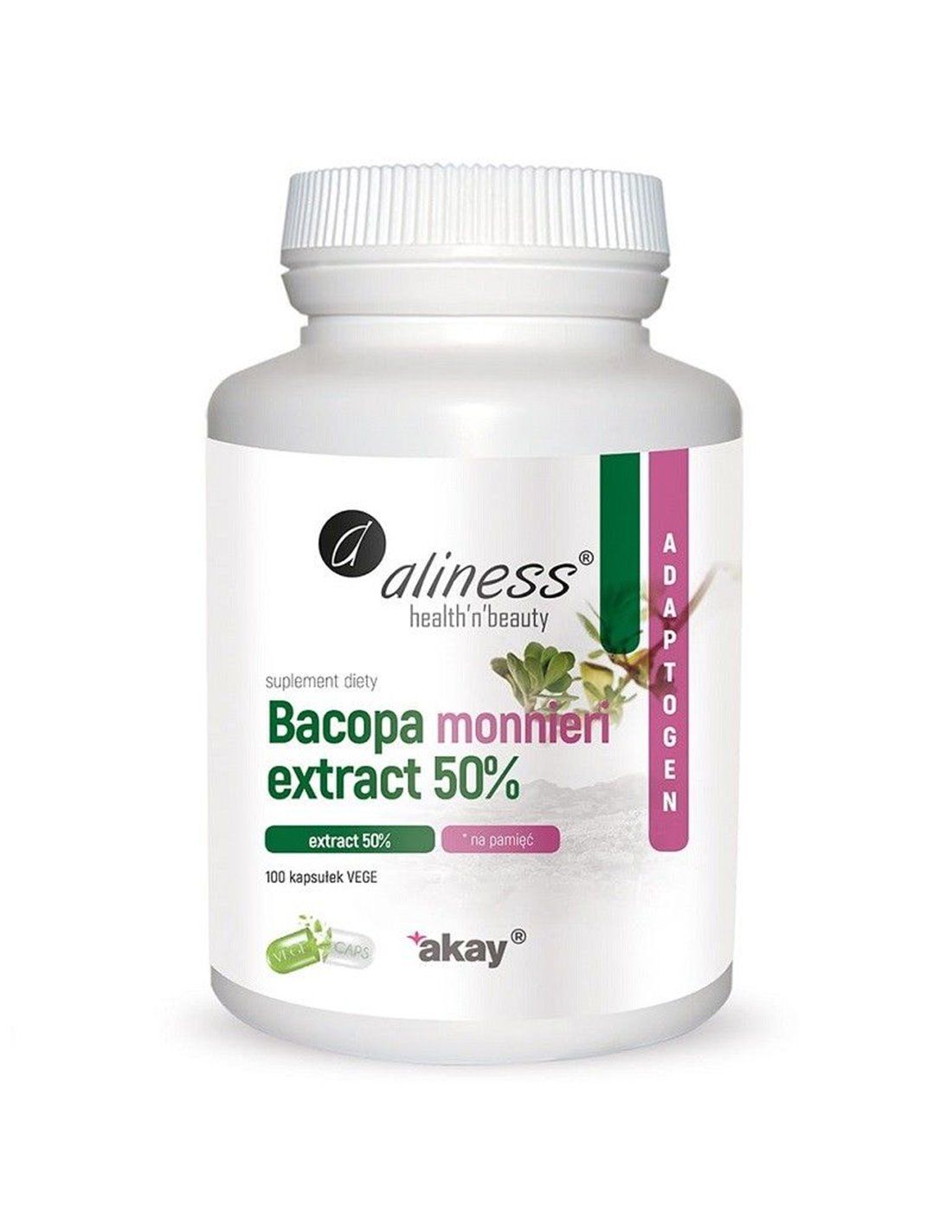 Flacon blanc avec étiquette verte et rose. Inscription: Aliness, Bacopa monnieri extract 50%. 100 capsules. Logo Akay.