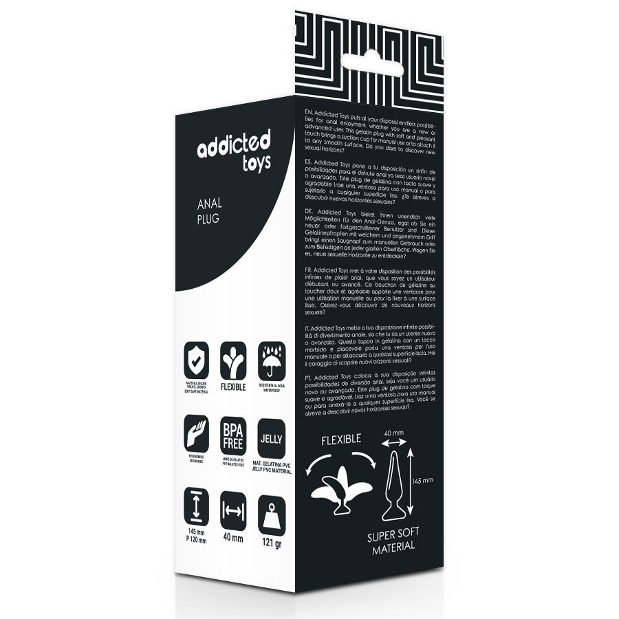 Emballage d'un plug anal en jelly super doux, sans BPA, flexible. Dimensions : 145 mm de long, 40 mm de diamètre.