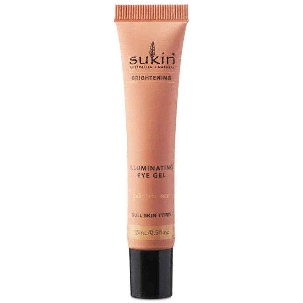 Tube beige. Inscription: Sukin, Illuminating Eye Gel, Brightening. Pour peaux ternes. 15ml/0.5 fl oz.
