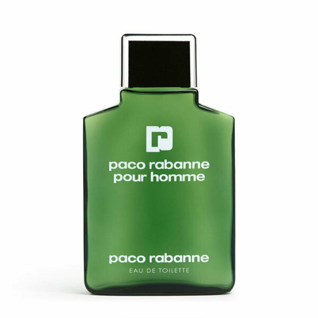 Flacon Paco Rabanne Pour Homme Eau de Toilette. Vert, angulaire, logo et texte blancs.