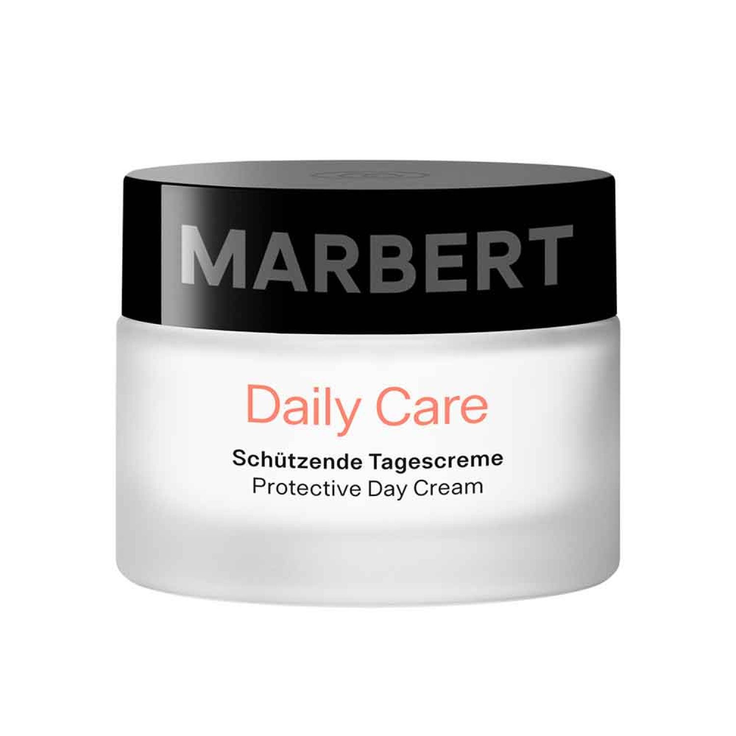 Crèmepot met zwarte deksel. Opschrift MARBERT, Daily Care, Schützende Tagescreme, Protective Day Cream.