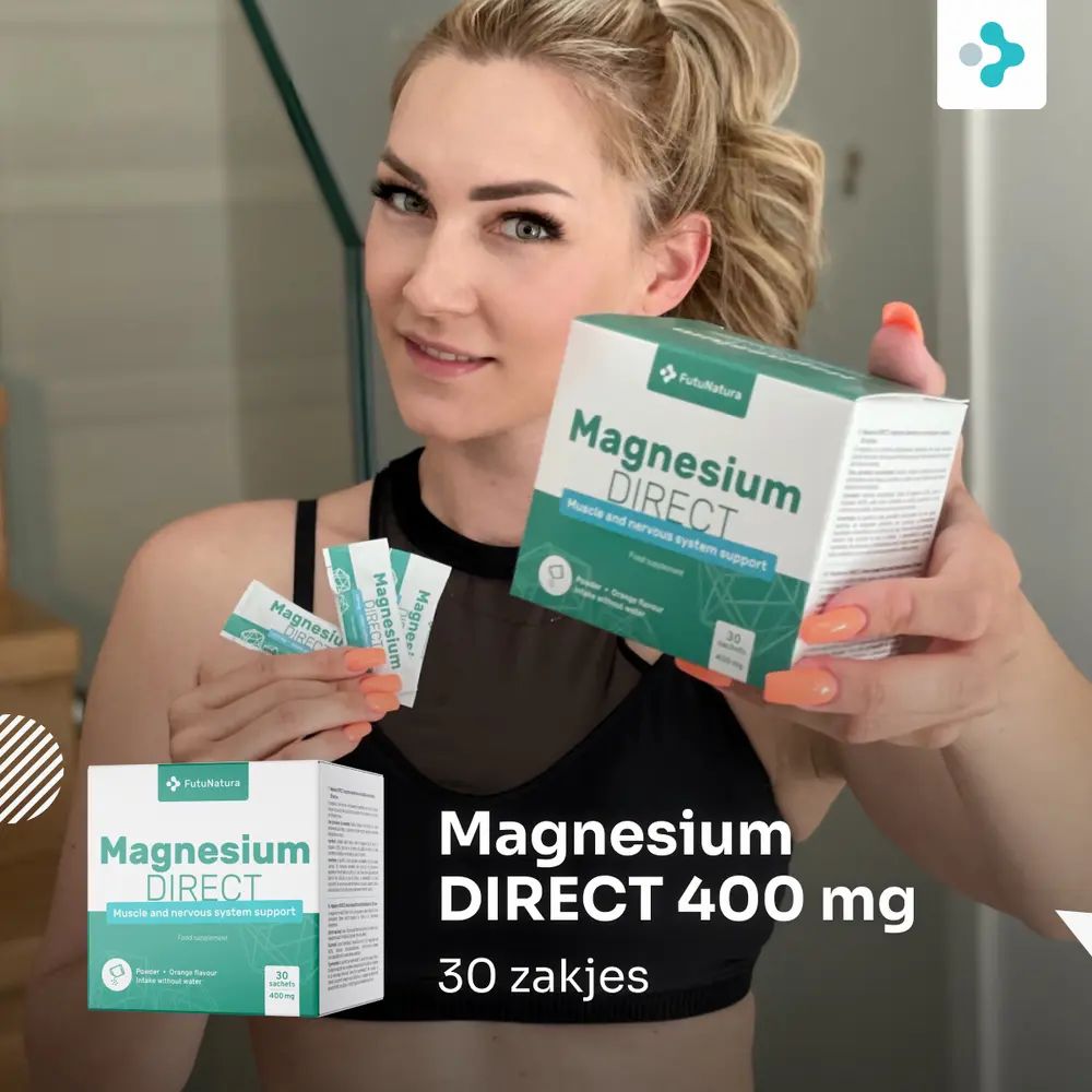FutuNatura Magnesium DIRECT 400 mg: doos en individuele zakjes op gras.