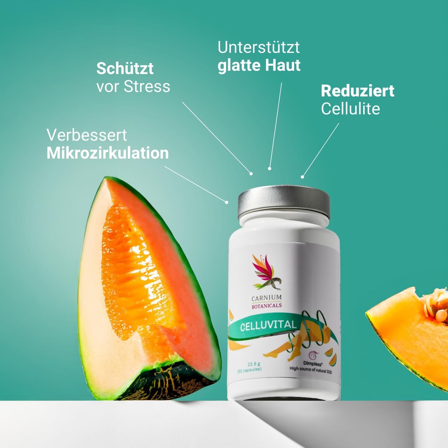 Flacon CELLUVITAL à côté de morceaux de melon. Texte: Protège du stress, soutient la peau lisse, réduit la cellulite, améliore la microcirculation.
