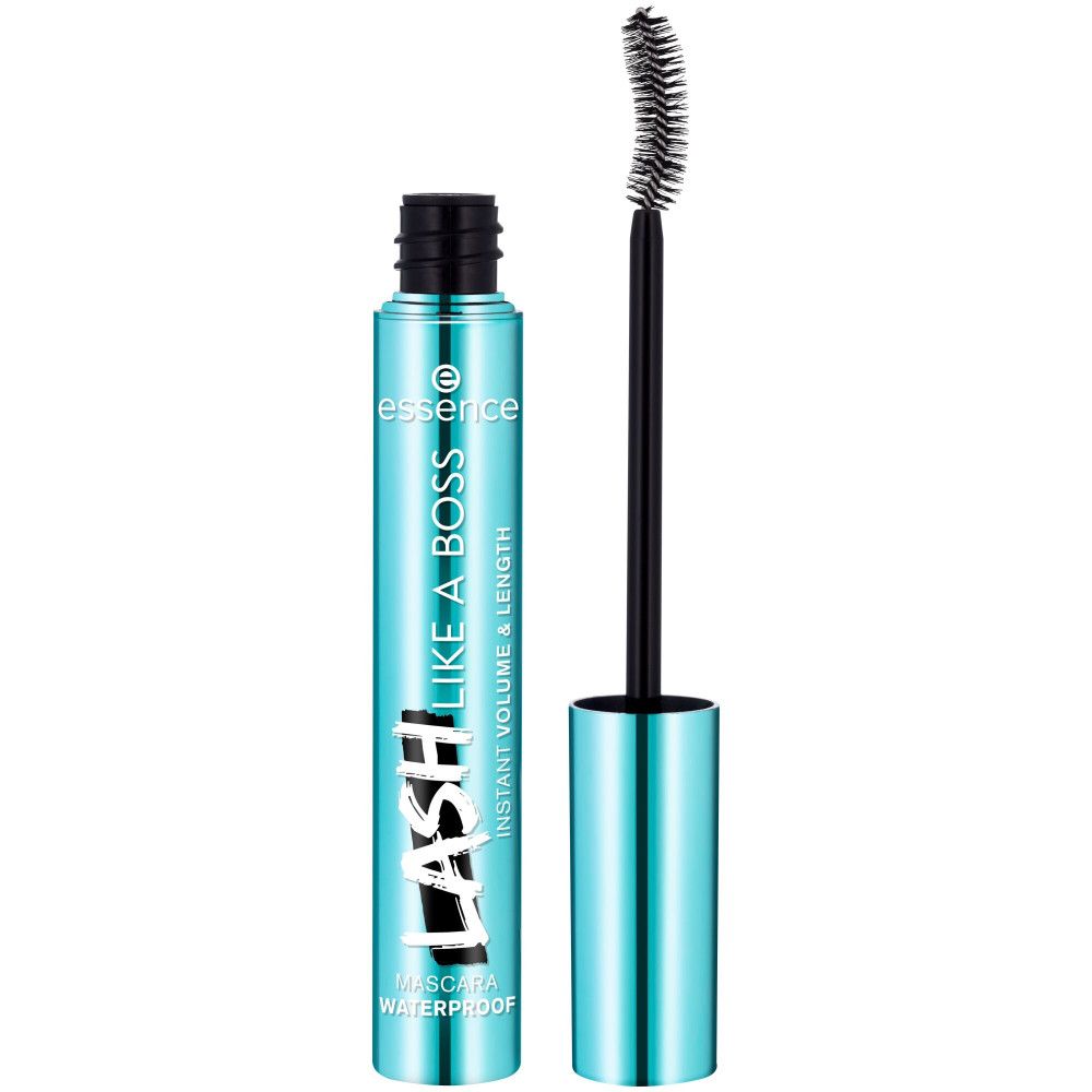Tube de mascara turquoise avec bouchon noir et brosse. Inscription : LASH LIKE A BOSS, Instant Volume & Length, Waterproof. Marque : essence.